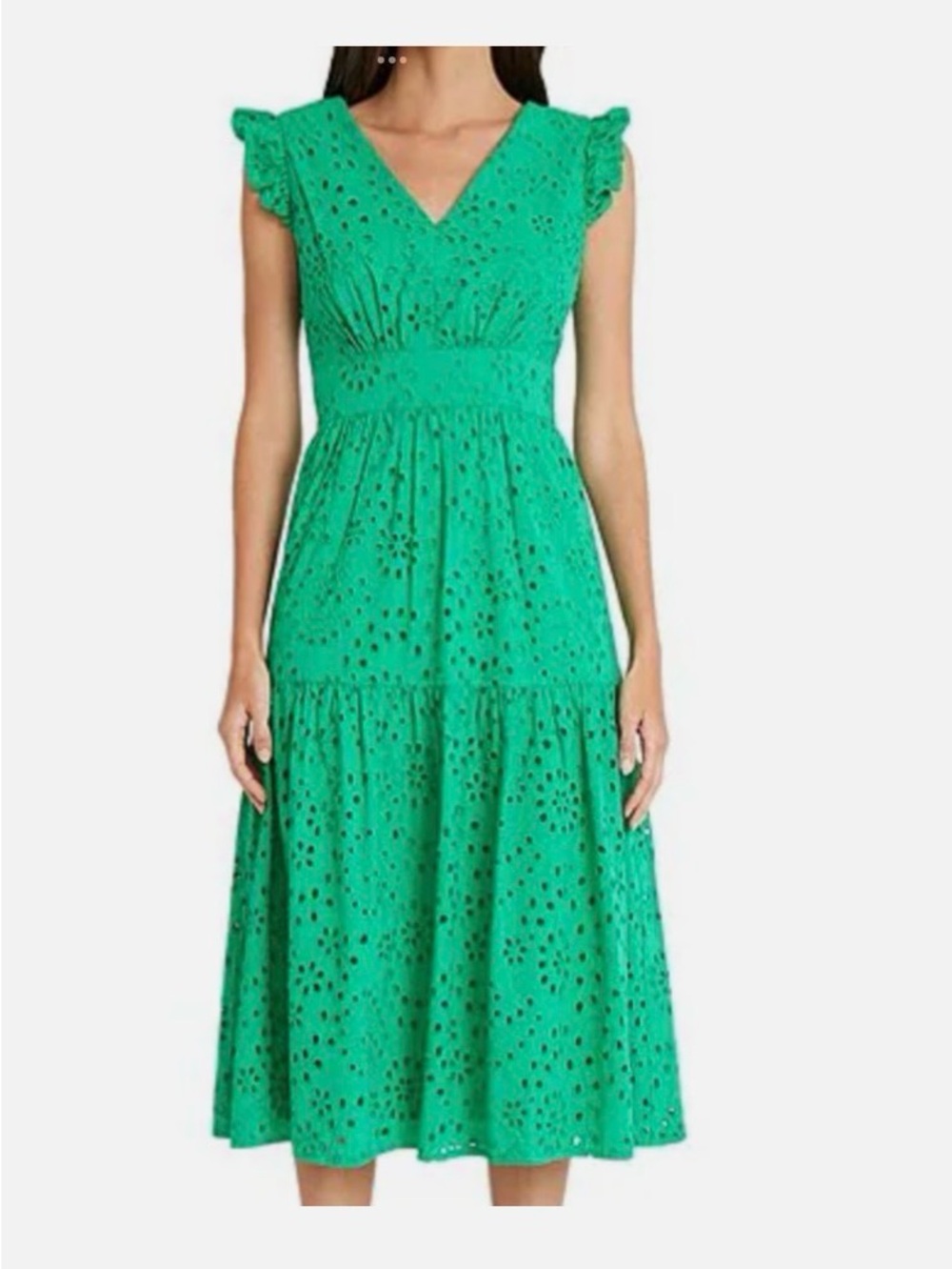 Maggy London Green Eyelet V-Neck Tiered Midi Dress, Size 16, NWT